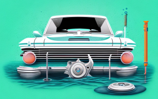 A car partially submerged in water with visible water damage