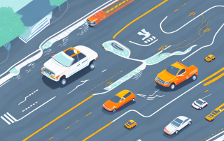 A car safely navigating through various potential hazards on the road such as potholes