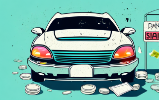 A damaged car with a for sale sign next to it and a piggy bank on the other side