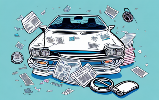 A severely damaged car with items such as a steering wheel