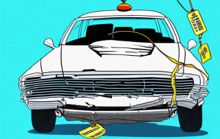 A severely damaged car with a price tag hanging from the rearview mirror