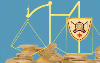 A scale balancing a shield symbolizing insurance on one side and a pile of coins symbolizing deductible on the other