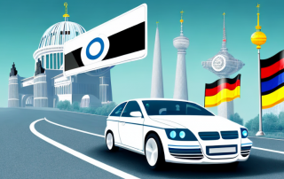 A car with a german license plate traveling on a road that winds through various international landmarks