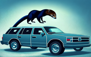 A marten approaching a car engine covered in a protective mesh