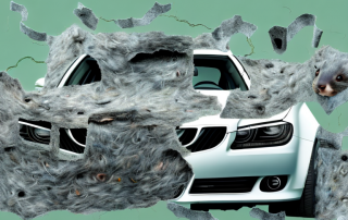 A car with visible damage such as chewed wires and torn insulation
