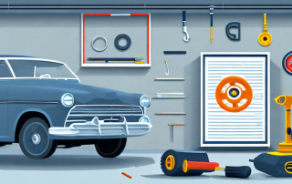 A car in a garage with a mechanic's tools nearby