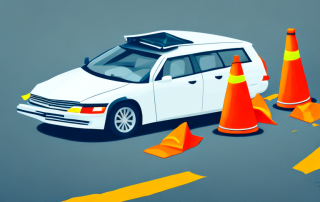 A crashed car with a traffic cone and caution tape