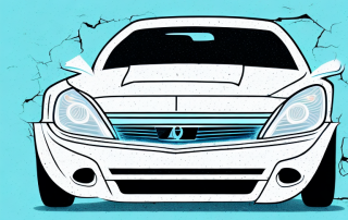 A car with visible damages such as a dented bumper and broken headlights
