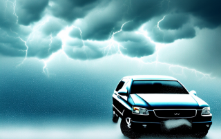 A car under a stormy sky with hailstones falling