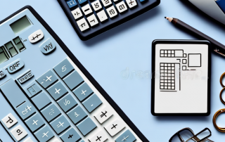 A calculator next to various types of property such as a house