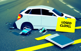 A crashed car with a closed wallet symbolizing the insurance company on the other side of the road