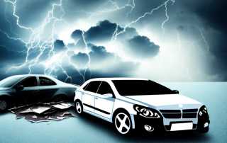 A damaged car and a broken insurance policy document