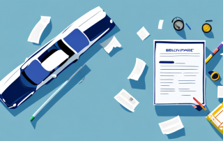 A broken car with insurance papers next to it on a slow-moving conveyor belt