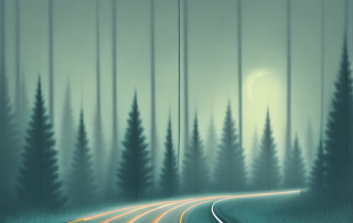A deer suddenly appearing on a forest-lined road at night