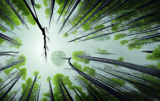 A damaged forest area with broken trees and animal footprints