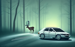 A deer darting across a forest road at night