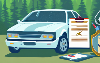 A damaged car on a forested road