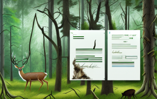 A forest scene with damaged trees and trampled undergrowth