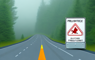A car on a forest road with a deer cautiously crossing