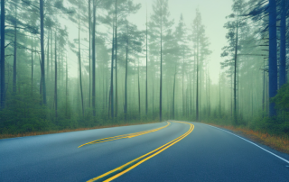 A forest road at dusk with a deer cautiously crossing