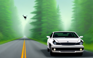 A car driving cautiously through a forested road