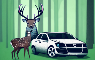 A car with visible damage parked next to a forest