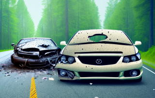 A damaged car on a forest road with a deer in the background