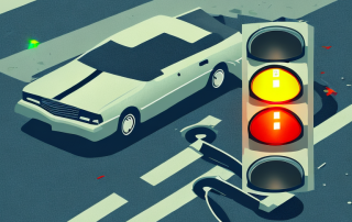 A broken traffic light at a busy intersection