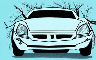 A car with a broken windshield and a tree branch on its hood