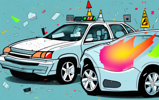 A damaged car with a broken traffic light and scattered traffic cones