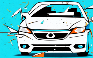 A damaged car with a downward arrow symbolizing the downgrade after an accident