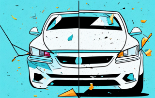 A damaged car with a downward arrow