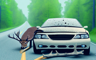 A car with minor damages on a forest road
