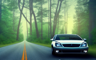 A car on a forest road at dusk