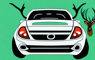A car with a minor dent and a deer in a forest background
