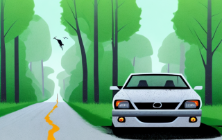 A car with slight damages on a forest road