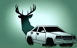 A car with a cracked windshield and a deer silhouette in the background