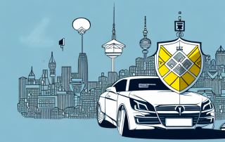 A car with a protective shield symbolizing insurance