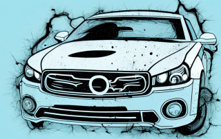 A car with visible signs of damage (like scratches or chewed wires) and a marten (small mammal) nearby