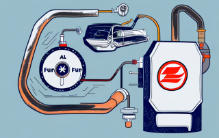 A fuel pump with different types of fuel options and a car parked nearby with an open fuel cap