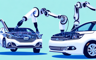 A car with minor damages being fixed by automated robotic arms