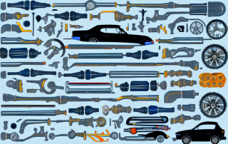 Various car parts such as an engine