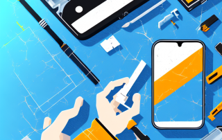 A smartphone with a cracked screen next to a toolbox