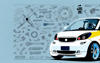 A smart car in a garage with various automated tools and equipment working on its repair
