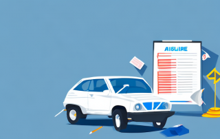A car with visible damages parked near an insurance building