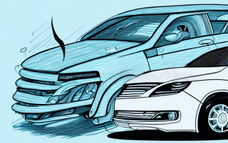 A car with visible damages parked in front of an insurance building