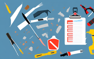 A damaged car parked in a garage with tools scattered around