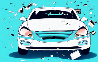 A damaged car with a cancelled insurance policy floating above it