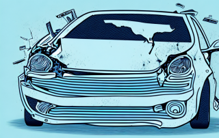 A crashed car with visible damage next to an insurance policy document