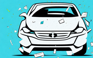 A damaged car with a broken insurance shield symbol